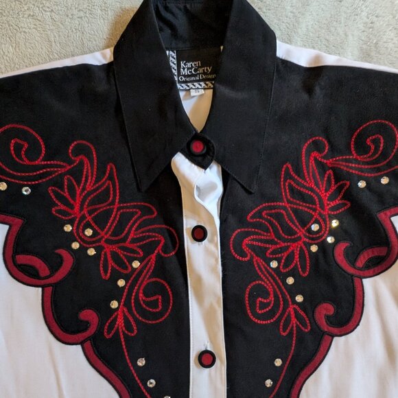 KAREN MCCARTY WESTERN BLOUSE S Small Women's Red White Black Button Up Design - Picture 2 of 9